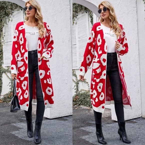 Sweaters - Oversized red white pocket long knit cardigan fall